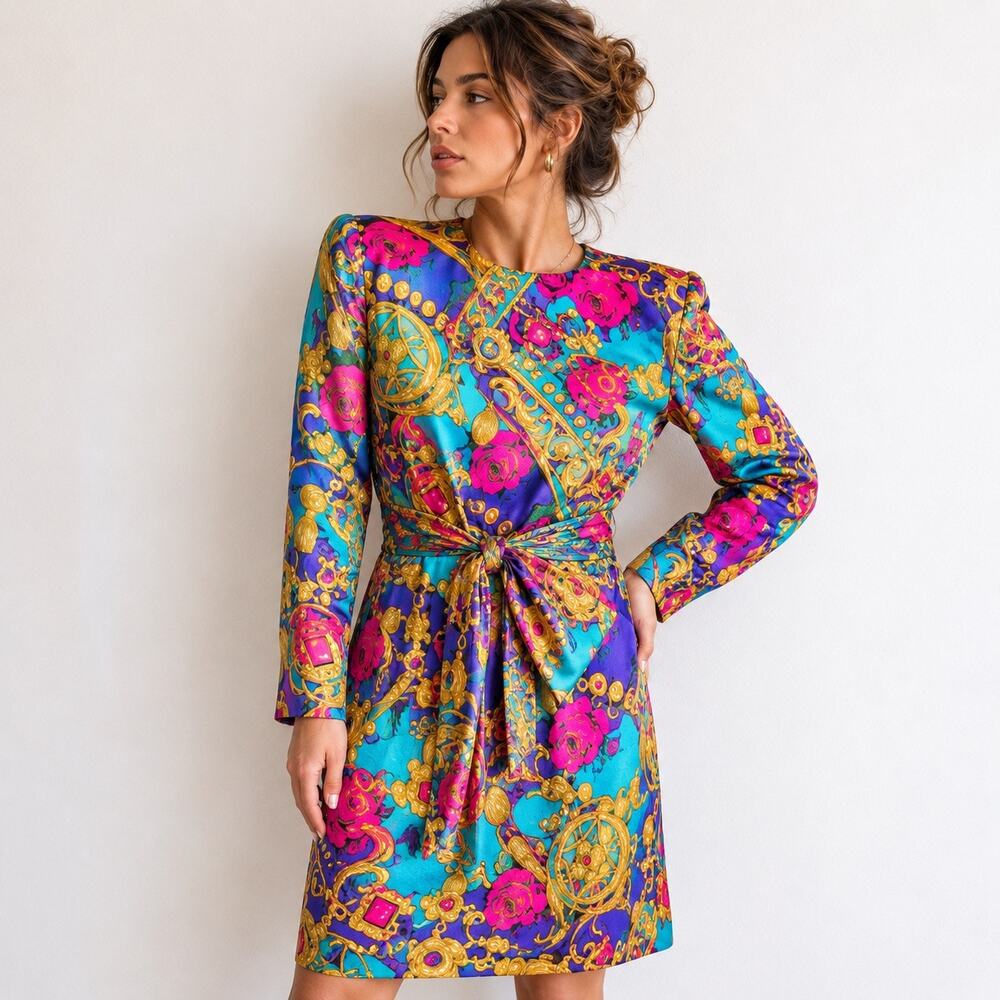 Adrianna Papell 100% Silk Jewel Tone Scarf Print Dress Sz 8